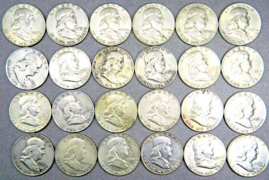 Two Dozen (24) Benjamin Franklin Half Dollar Coins