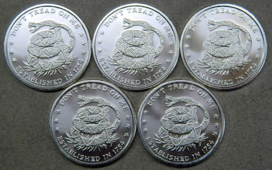 Five (5) Silver Bullion "Don't Tread On Me" Coins