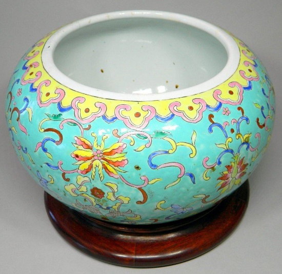 Chinese Ornate Porcelain Bowl with Wooden Stand