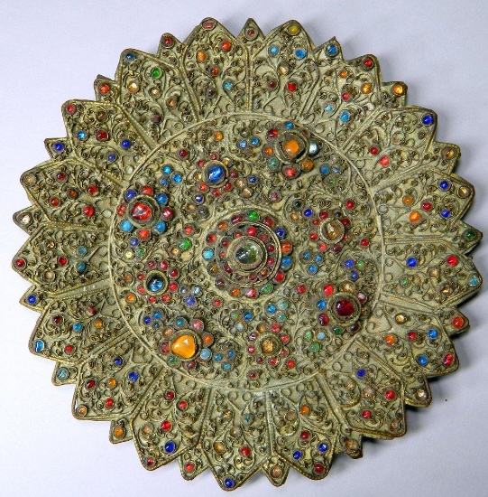 Decorative Brass Wall Plate with Gem Stone and Glass Bead Design, India