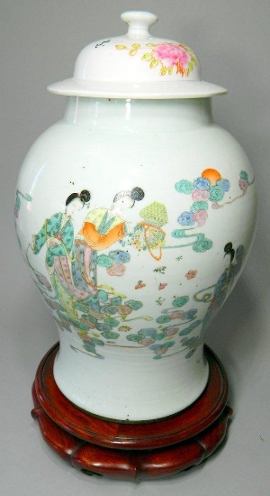 Chinese Famille Verte Porcelain Baluster Vase with Cover, As Found, Base Included