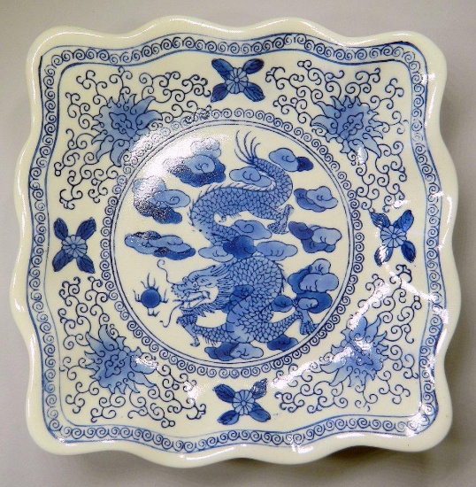 Blue and White Toile Dragon Dish