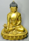 Bronze Gilt Tibetan Sitting Buddha with Headdress and Gold Vase Statue