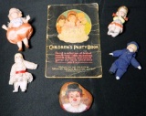 Grouping of Vintage Small Figures, Children's Party Book, Windup Musical Church