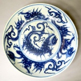Vintage Blue and White Dragon Motif Porcelain Plate