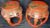 Pair of Red Lacquer Chinese Drum Stools/Side Tables with Glass Tops