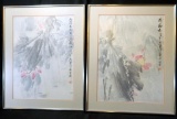 Chinese Framed Art, Large Water Color, Pink Flowers and Green Leaves