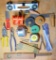 Mixed Lot of Tools Including Tape Measures, Level, Square, Pliers and More