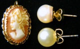 14k Yellow Gold Vintage Carved Shell Cameo and Pearl Stud Earrings