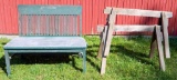Green Painted Bench, Wooden Sawhorses and Long, Handled Wire Basket