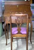 Antique Oak Slant Front Drop Front Lid Desk and Chair