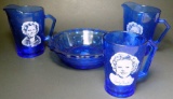 Shirley Temple Blue Glassware Pitchers, Bowl and Mug