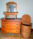 Grouping of Dresser, Mirror, Small Bench, Tall Lidded Wicker Basket