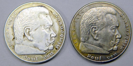 German Chancellor Paul von Hindenburg 5 Reichs Mark Coins