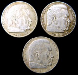 (3) German WWII Chancellor Paul von Hindenburg 5 Mark Coins