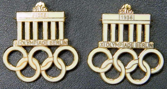 Two (2) German WWII 1936 Berlin Olympics Brandenburg Gate Badge