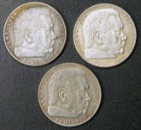 Three (3) German WWII Chancellor Paul von Hindenburg 5 Mark Coins, 1936-1938 - Silver