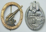 Army/Luftwaffe Flak Artillery Badge (West German 1957) and Army Wehrmacht Silver Tank Assault Badges