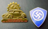 1938 Volkswagen Plant Ground-breaking Badge and Political Swastika Shield Lapel Badge, German WWII