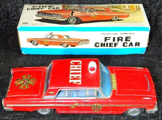 Taiyo Fire Chief Car Tin Friction Toy, Original Box