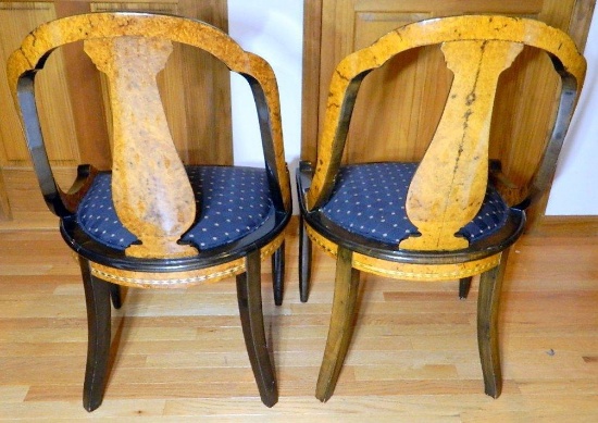 Pair Upholstered Seat Detailed Burled Side Chairs