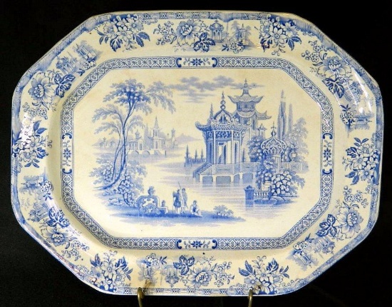 Blue Transferware Platter, Asian