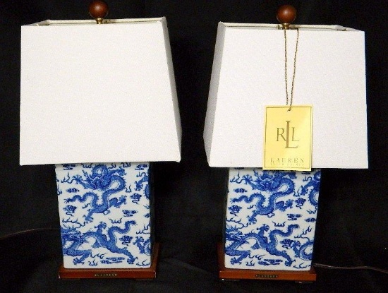 Pair Ralph Lauren Blue Lamps, Asian Design