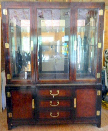 Dark Wood and Glass China Cabinet with Brass Accents