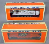 Lionel Electric Trains TV Car and Flatcar with ERTL New Holland Loader