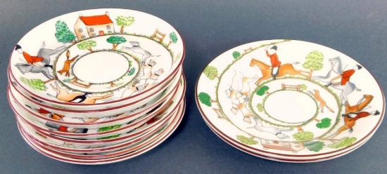 Coalport, Wedgwood, and Crown Staffordshire Hunting Scenes Saucers, Eight Pieces