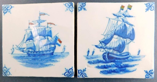 Pair of Blue and White Delft Sailing Ship Ceramic Tiles