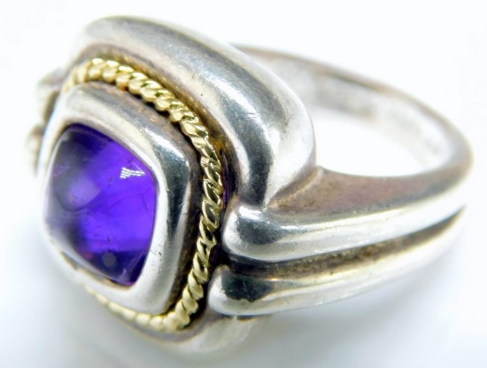 Tiffany & Co Sterling and 18k Yellow Gold w/ 2ct Cabochon Amethyst Sugarloaf Ladies Ring