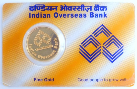 Indian Overseas Bank 8 Gram .999 Fine Gold Coin on Card