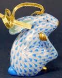 Herend Blue Fishnet Rabbit with Foot Raised, with Box
