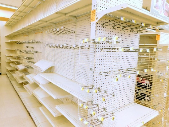 Gondola Aisle Shelving 21'6" L, 11 Bases, 53 Shelves, 9 Wire Baskets