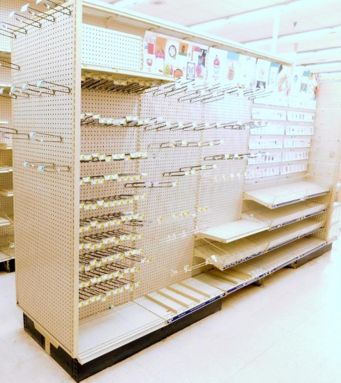 Gondola Aisle Shelving 13'6" L, 6 Bases, 21 Shelves, 9 Wire Baskets