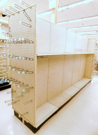 Gondola Aisle Shelving 13'6" L, 6 Bases, 19 Shelves, 3 Wire Baskets