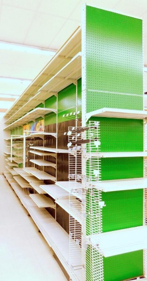 Gondola Shelving: Aisle Unit, 26'4" Long, 10' Tall, 11 Bases, 3 Wire Baskets, 111 Shelves