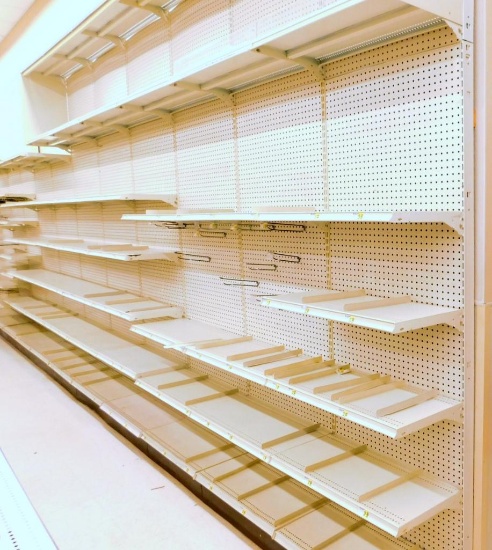 Gondola Shelving: Aisle Unit, 32'6" Long, 13 Bases, 8 Wire Baskets, 66 Shelves