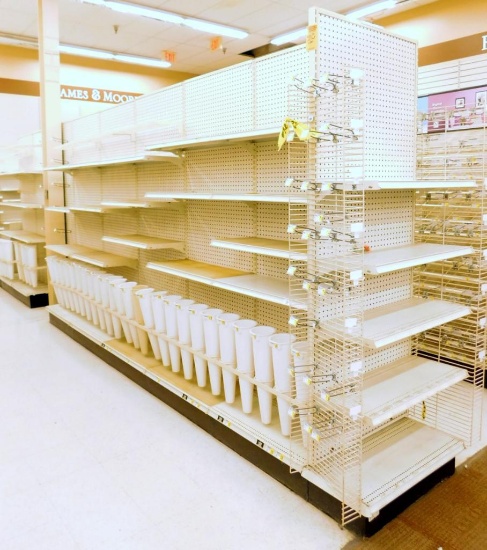 Gondola Shelving: Aisle Unit, 22'6" Long, 10 Bases, 55 Cones, 63 Shelves