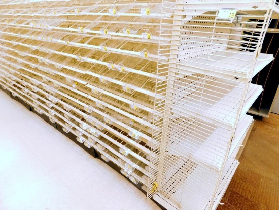Gondola Shelving: Aisle Unit, 22'6" Long, 10 Bases, 42 Shelves