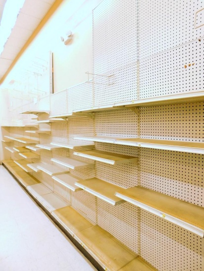 Gondola Shelving: Wall Unit, 25' Long, 10 Bases, 34 Shelves