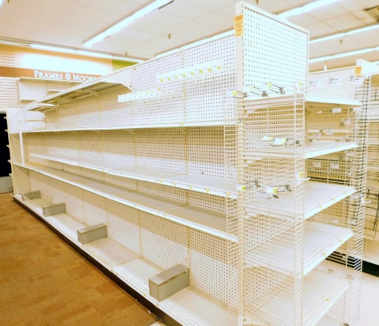 Gondola Shelving: Aisle Unit, 25' Long, 10 Bases, 3 Wire Baskets, 60 Shelves