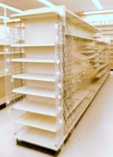Gondola Shelving: Aisle Unit, 25' Long, 10 Bases, 35 Cones on 6 Racks, 71 Shelves
