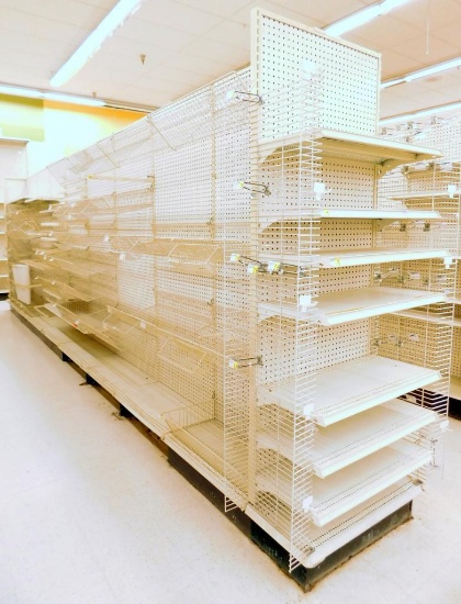 Gondola Shelving: Aisle Unit, 25' Long, 5 Cones and Racks, 40 Wire Baskets, 18 Shelves