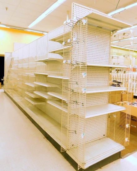 Gondola Shelving: Aisle Unit, 25' Long, 70 Wire Displays, 30 Shelves