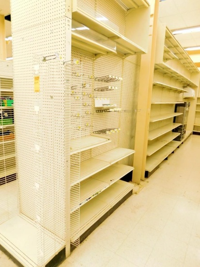 Gondola Aisle Shelving: 29' L, 6 Bases, 81 Shelves, 12 Wire Baskets