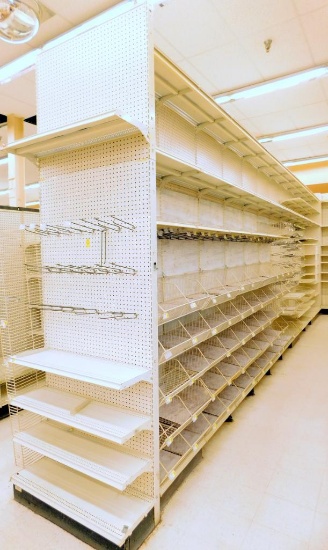 Gondola Aisle Shelving 29' L, 12 Base, 106 Shelves, 24 Wire Baskets