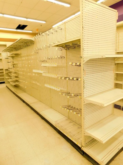 Gondola Shelving: 24' Long, 10 Bases, 1 Wire Display, 37 Shelves