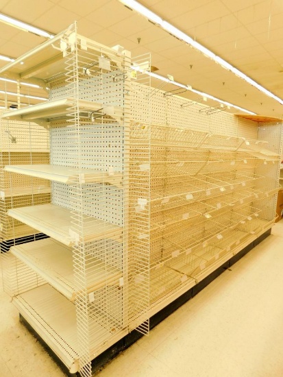 Gondola Shelving: Aisle Unit, 11'4" Long, 5 Bases, 31 Wire Displays, 7 Shelves